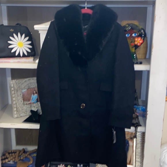 Kate spade black wool blend jacket L Large fur collar coat jacket - Picture 2 of 4